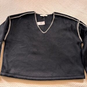 LOFT Charcoal V-Neck Sweater with Light Trim NWT
